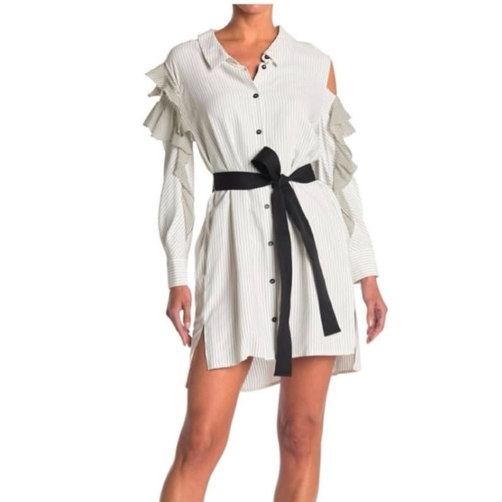 Maje Striped Shirt Dress Large 3 Avant Garde White Ruffle Belted Luxe